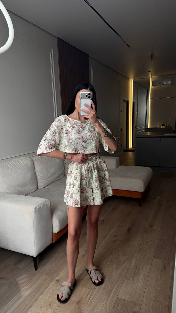 Lightweight floral muslin three-piece set