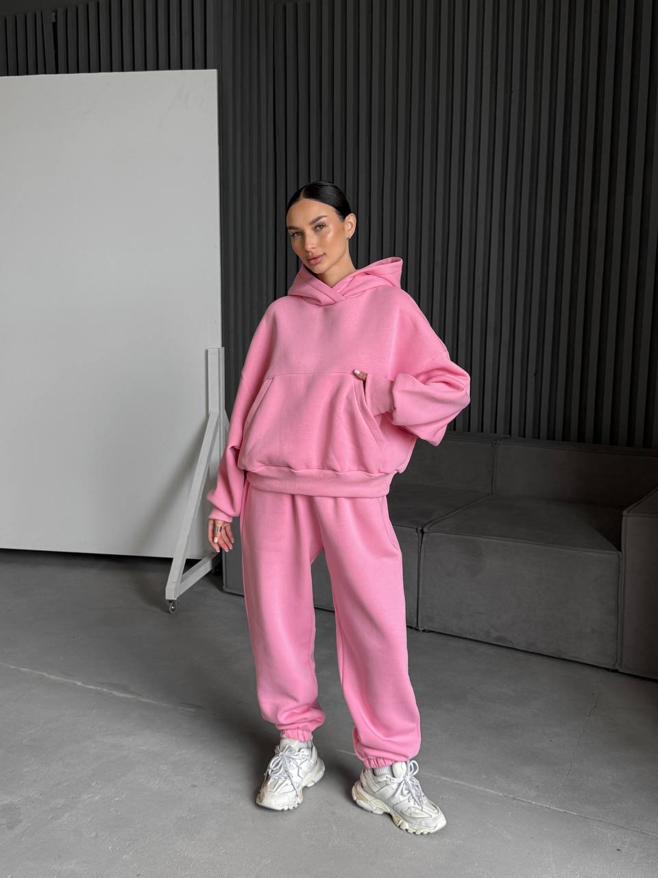 Fleece tracksuit in pink and cream