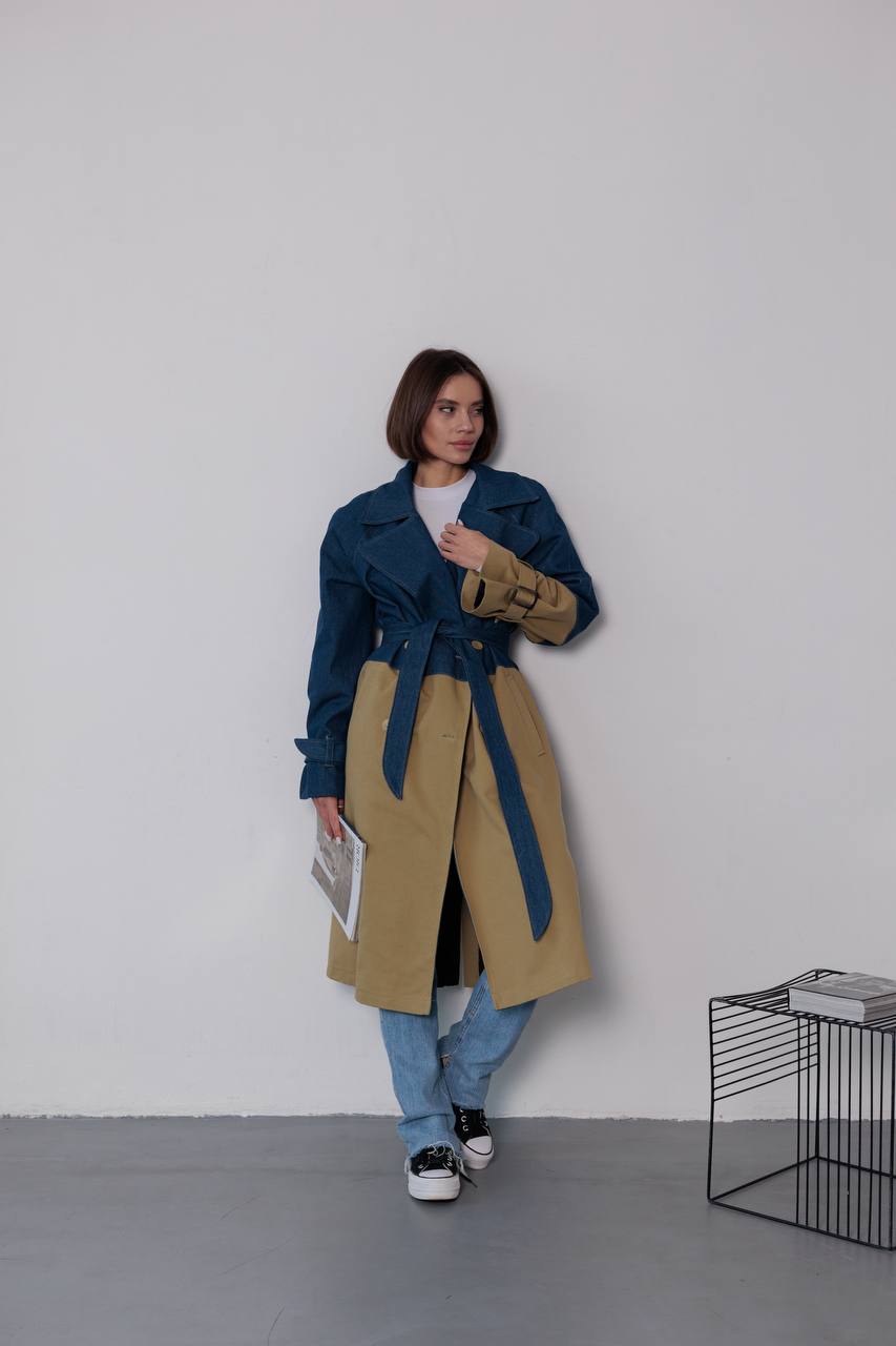 Two-tone denim trench coat for women